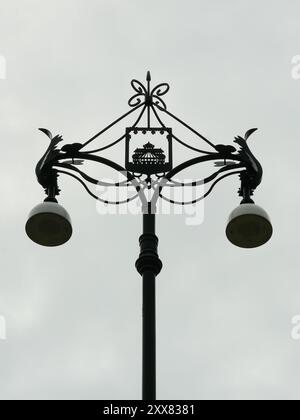 Primo piano della testa di una lanterna a Helsingborg, caratterizzata da una silhouette artistica della città. Migliora la città nonostante il traffico intenso grazie al design dell'illuminazione urbana. Foto Stock