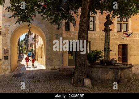 Francia, Drôme, Drôme provenzale, Châtillon-en-Diois, etichettato Les Plus Beaux Villages de France, una delle porte medievali del villaggio sotto la Torre dell'Orologio Foto Stock