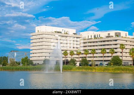 Francia, Herault, Montpellier, quartiere di Port Marianne, edifici di fronte al bacino di Jacques Coeur Foto Stock