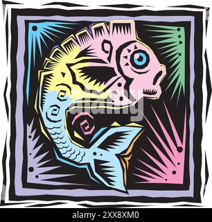 effetto linocut, stile cartone animato, pesce, colore, disegno vettoriale di sfondo bianco Illustrazione Vettoriale