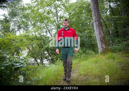 Francia, Indre-et-Loire, Sennevières, foresta nazionale di Loches, stagno Pas-aux-ânes, Sébastien Duferne responsabile dell'unità territoriale 37 dell'ONF Foto Stock