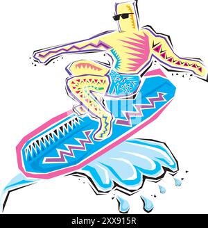 Design sportivo estivo con simboli per il surf illustrazione vettoriale piatta Illustrazione Vettoriale