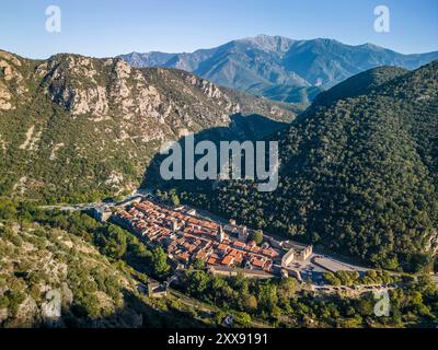 Francia, Pyrénées-Orientales (66), Parc naturel régional des Pyrénées Catalanes, Villefranche-de-Conflent, labellisé Les Plus Beaux Villages de France, cité médiévale du Xie siècle fortifiée par Vauban au XVIIe siècle (vue aérienne) Foto Stock