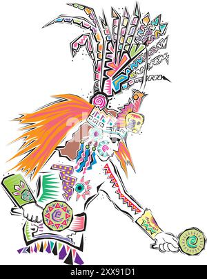 Cartoni animati indiani americani con teepee in posizione tribale e. nativi americani che ballano intorno fuoco piatta vettore illustrazione Illustrazione Vettoriale