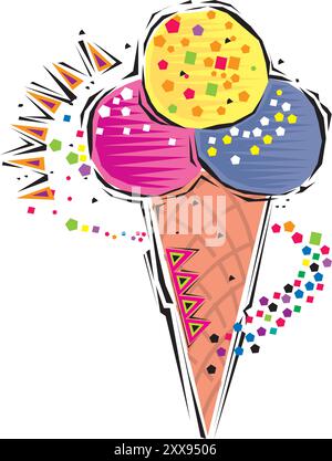 Set di gelato colorato realistico in coni di waffle con illustrazione isolata di bacche e sciroppo di cioccolato Illustrazione Vettoriale