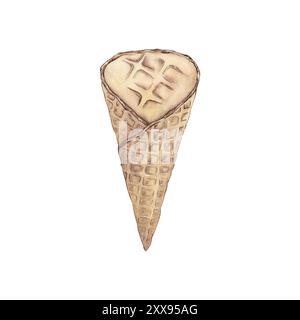 Cono gelato waffle con vernici ad acquerello su sfondo bianco. Illustrazione, clipart. Un modello per decorare cibo, dessert, gelati, fiori Foto Stock