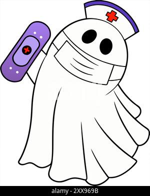 Infermiera fantasma con cerotto adesivo in mano. Illustrazione di Halloween Vector. Illustrazione Vettoriale