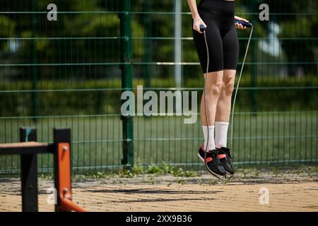 Una giovane donna in pantaloncini neri salta la corda all'aperto. Indossa calzini bianchi e sneakers nere con dettagli rossi. Foto Stock