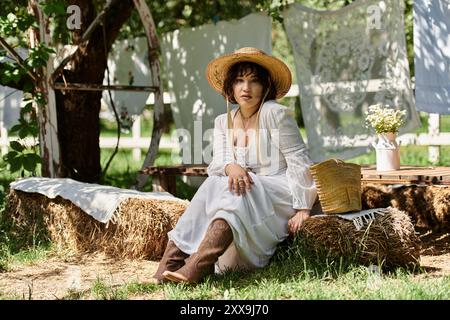 Una giovane donna con un abito bianco e un cappello di paglia siede su balle di fieno in un giardino estivo, circondato dalla natura e dal fascino rustico. Foto Stock