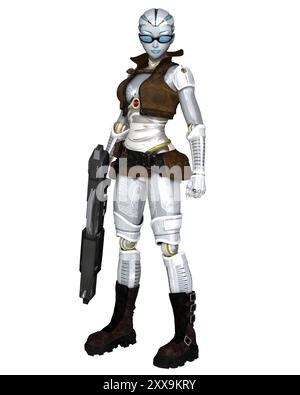 Cyborg Adventurer femminile con pistola gigante Foto Stock
