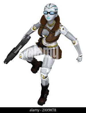 Cyborg Adventurer femminile con Giant Gun, in marcia avanti Foto Stock