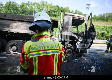 , Einsatzkräfte der Feuerwehr sind mit Nachlöscharbeiten an einem zuvor brennenden LKW im Einsatz. für die Dauer der Bergungs- und Löschmaßnahmen War die Autobahn 7 über den Nachmittag stundenlang gesperrt. Es bildete sich ein kilometerlanger Stau. Westhausen Baden-Württemberg Deutschland Westhausen *** i vigili del fuoco stanno lavorando per spegnere un camion precedentemente in fiamme la strada 7 è stata chiusa per ore nel pomeriggio per la durata delle operazioni di salvataggio e di estinzione Un ingorgo si è formato per diversi chilometri Westhausen Baden Württemberg Germania Westhausen Copyright: X xonw-imagesx Foto Stock