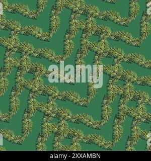 Freschi rami di abete verde natalizio con un moderno motivo senza cuciture. Illustrazione botanica acquerello isolata su sfondo verde. Modello ornamento per f Foto Stock