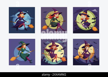 Halloween Witch Riding Broomstick - Spooky and Fun Witch Illustration per Halloween Illustrazione Vettoriale