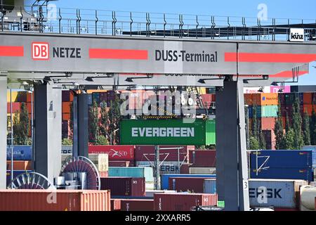 Monaco di Baviera, Germania. 23 agosto 2024. Veduta della società tedesca di movimentazione Rail-Road (DUSS) mbH Muenchen Riem vicino a Feldkirchen, nello stato della Baviera, carico container. ? Credito: dpa/Alamy Live News Foto Stock