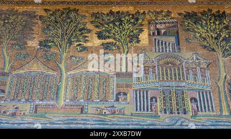 Dettaglio dei mosaici, West porticato, la Grande Moschea di Damasco Foto Stock