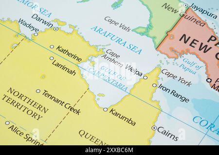 Foto macro Golfo di Carpentaria regione con frontiere di campagna e città più importanti Foto Stock