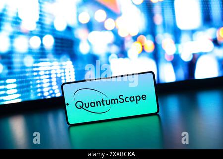 Paraguay. 23 agosto 2024. In questa immagine, il logo QuantumScape Corporation viene visualizzato sullo schermo di uno smartphone. (Foto di Jaque Silva/SOPA Images/Sipa USA) *** esclusivamente per notizie editoriali *** credito: SIPA USA/Alamy Live News Foto Stock