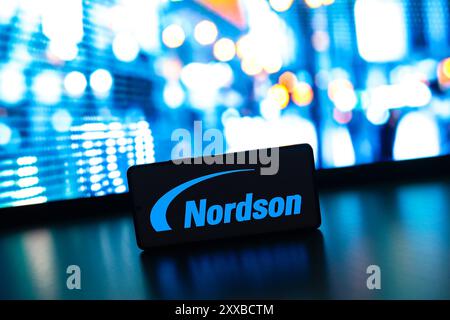 Paraguay. 23 agosto 2024. In questa immagine, il logo Nordson Corporation viene visualizzato sullo schermo di uno smartphone. (Foto di Jaque Silva/SOPA Images/Sipa USA) *** esclusivamente per notizie editoriali *** credito: SIPA USA/Alamy Live News Foto Stock