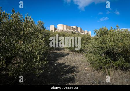 Castello di Jadraque sulla cima della collina in un giorno di cielo blu con nuvole, Guadalajara, Spagna Foto Stock