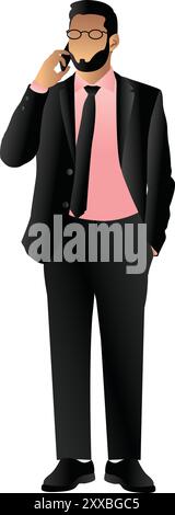 Il giovane uomo sta parlando con il design vettoriale del cellulare su uno sfondo bianco Illustrazione Vettoriale