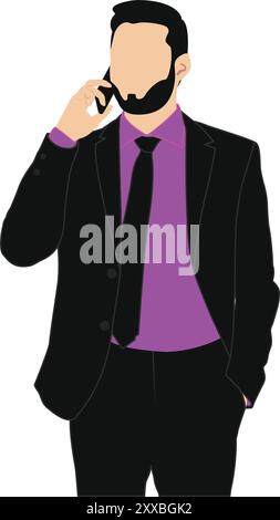 Il giovane uomo sta parlando con il design vettoriale del cellulare su uno sfondo bianco Illustrazione Vettoriale