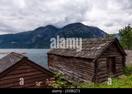 Vista della cabina norvegese tradizionale, Norvegia. Foto Stock