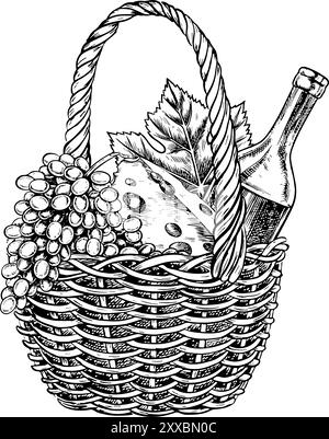 Un cestino da picnic in vimini, una bottiglia di vino, formaggio e uva. Un'illustrazione vettoriale grafica disegnata a mano. Una vacanza nella natura. Isolare su una schiena bianca Illustrazione Vettoriale