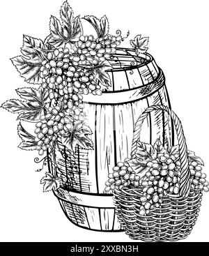 Vino. Viti e grappoli d'uva in un cesto, una botte di vino. Grafica vettoriale, illustrazione disegnata a mano in bianco e nero su sfondo bianco. Per p Illustrazione Vettoriale