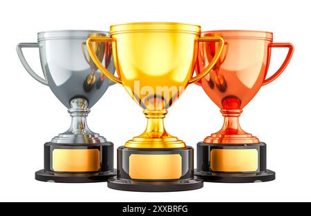 Oro, Argento e bronzo trofeo tazze, 3D rendering isolati su sfondo bianco Foto Stock