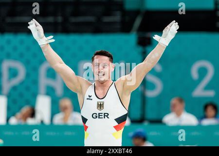 Fra, Paris, Olympischen Games Paris 2024, Bercy Arena, 27 luglio 2024, olympic Gymnastic Trials - Men, Apparatus Andreas Toba (D, numero 141), anelli, Happy Credit: HMB Media/Steffie Wunderl/Alamy Archival Foto Stock