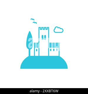 Da qualche parte sulla collina. Città vecchia. Isolato su sfondo bianco. Dal set di icone blu. Illustrazione Vettoriale