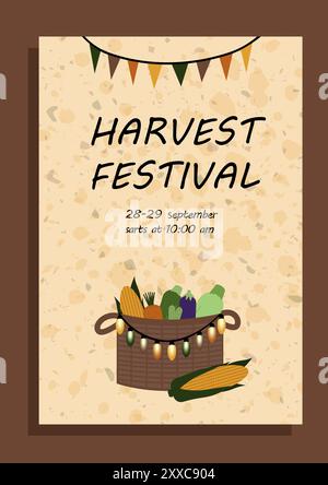 Poster per il festival del raccolto con un cestino di verdure tra cui mais, carote, zucchine, melanzane e cetrioli. Ideale per la promozione di eventi Illustrazione Vettoriale