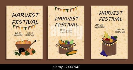 Set di poster del festival della raccolta con cesti di verdure e frutta e una carriola piena di zucche. Illustrazione vettoriale in stile piatto per Illustrazione Vettoriale