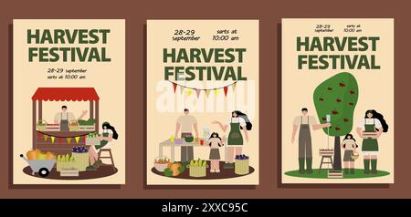 Set di poster del festival del raccolto con la famiglia che celebra il festival del raccolto e che raccoglie ciliegie dall'albero. Vettore in piano. Ideale per promozioni di eventi Illustrazione Vettoriale
