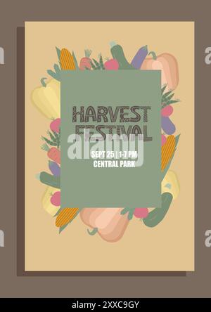 Poster del festival del raccolto con una varietà di verdure incentrate sul design. Si tratta di un'illustrazione vettoriale in stile piatto, ideale per festival Illustrazione Vettoriale