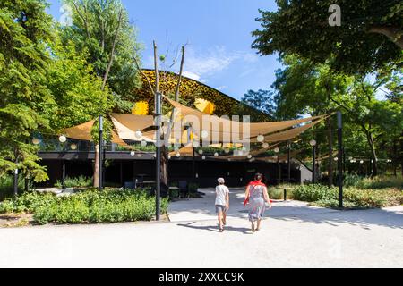 Ingresso alla Casa della musica (A Magyar Zene Haza), Varosliget, Budapest, Ungheria Foto Stock