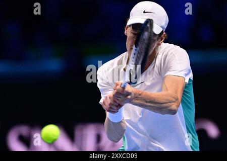 Torino, Italia. 18 novembre 2023. Foto Marco Alpozzi/LaPresse 18 novembre 2023 Torino - Italia - Sport - Tennis Nitto ATP Finals - Jannik SINNER (ITA) vs Daniil MEDVEDEV (RUS) nella foto:Jannik Sinner (Italia) 18 novembre 2023 Torino - Italia - Sport - Tennis Nitto ATP Finals - Jannik SINNER (ITA) vs Daniil MEDVEDEV (RUS) nella foto:Jannik Sinner (Italia) nella foto:Jannik Sinner (News/LaPresse) Live Foto Stock