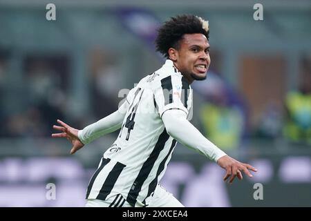 Milano, Italia. 12 gennaio 2022. Foto Spada/LaPresse 12 gennaio 2022 Milano, Italia sport calcio Inter vs Juventus - Supercoppa Frecciarossa 2021/2022 - Stadio Giuseppe Meazza nella foto: Weston McKennie (Juventus F.C.); esultanza dopo gol 0-1 foto Spada/LaPresse 12 gennaio 2022 Milano, Italia sport calcio Inter vs Juventus - Frecciarossa Italian Super Cup 2021/2022 (F. Supercoppa Frecciarossa Frecciarossa Frecciarossa) - 12 gennaio 0-1 Milano, Italia, Italia, Italia, Italia, Italia, Italia, Italia, Italia, Gran Premio Italia, Gran Bretagna, Gran Premio Italia, Italia, Gran Premio Italia (Frecciarossa) Foto Stock