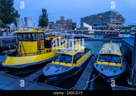 Liegeplatz der Wassertaxi, dahinter das ehemalige Fenix Lagerhaus von 1923, im Krieg zerstört, 2019 renoviert, umgebaut zu einem Wohn- und Geschäftshaus, mit Hotel, Wohnungen, gastronomia, Büros, AM Rijnhaven, Rijnhavenbrug, Brücke, Rotterdam, Niederlande, Rijnhaven Rotterdam *** attracco del taxi d'acqua, dietro di esso l'ex magazzino Fenix del 1923, distrutto durante la guerra, rinnovato nel 2019, convertito in un edificio residenziale e commerciale, con hotel, appartamenti, ristoranti, uffici, sul Rijnhaven, Rijnhavenbrug, ponte, Rotterdam, Paesi Bassi, Rijnhaven Rotterdam Foto Stock