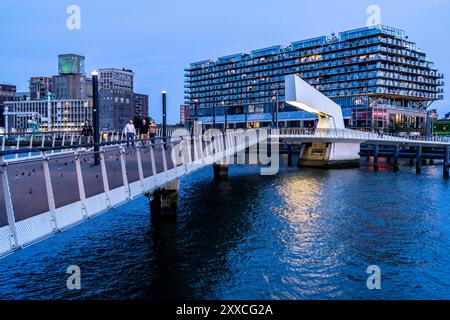 DAS ehemalige Fenix Lagerhaus, Links, von 1923, im Krieg zerstört, 2019 renoviert, umgebaut zu einem Wohn- und Geschäftshaus, mit Hotel, Wohnungen, gastronomia, Büros, Lagerhäuser, Am Rijnhaven Hafenbecken, Rijnhavenbrug, Brücke, Rotterdam, NIEDERLANDE, Rijnhaven Rotterdam *** l'ex magazzino Fenix, lasciato, dal 1923, distrutto durante la guerra, rinnovato nel 2019, trasformato in un edificio residenziale e commerciale, con hotel, appartamenti, ristoranti, uffici, magazzini, presso il bacino del porto di Rijnhaven, Rijnhavenbrug, bridge, Rotterdam, Paesi Bassi, Rijnhaven Rotterdam Foto Stock