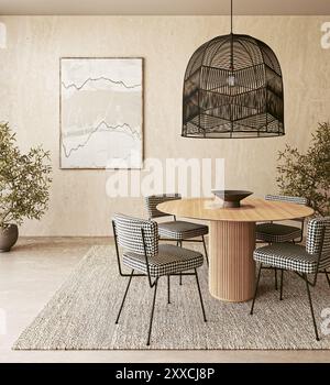 Moderna sala da pranzo con eleganti sedie pied de poule e grande luce a sospensione nera su un tavolo in legno, rendering 3d. Foto Stock