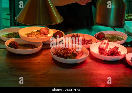 Pasto preparato in piatti pronti per essere serviti su un tavolo da cucina aperto sotto lampade a infrarossi rosse per mantenere caldo il cibo, ora di pranzo Foto Stock