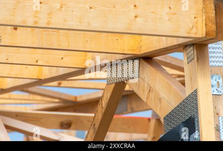 Vista ravvicinata dei capriate dei tetti in legno, con travi robuste e supporti dettagliati, che mostrano metodi di costruzione moderni e artigianato al suo interno Foto Stock