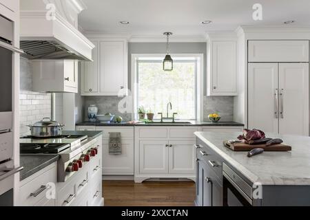 Vista del lavandino nella cucina bianca con tocchi di grigio Foto Stock