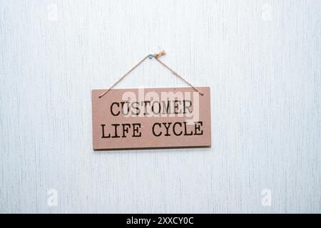 Sul blocco note per scrivere il testo Customer Life Cycle, lente di ingrandimento, grafici e occhiali. Foto Stock