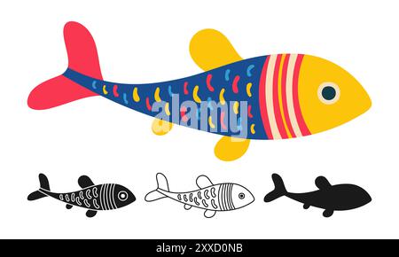 Marine fish linear icon abstract cartoon symbol set. Exotic Childish stylized sea fish with hand drawn doodle pattern. Sign aquarium or ocean fishes silhouette shape or doodle art. Vector illustration Illustrazione Vettoriale