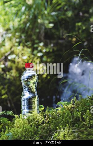 Plastica trasparente Una bottiglia di acqua pulita con coperchio rosso si trova nell'erba e nel muschio sullo sfondo di un aspro fiume di montagna. Il concetto di p Foto Stock