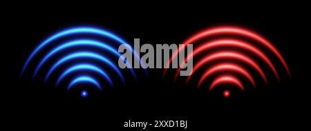 Effetto luce WiFi o scanner, onde soniche luminose rosse e blu, segnale buono o cattivo. Illustrazione Vettoriale