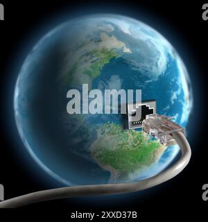 Collegamento del cavo di rete al Globe Conceptual 3D Photo-Illustration connessione Internet, www, Global communication, ISP, rete, informazioni e. Foto Stock